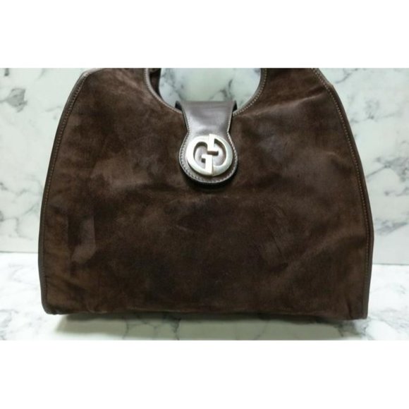 Gucci Brown Top Handle Shoulder Bag Suede Leather Gold GG - Picture 7 of 12
